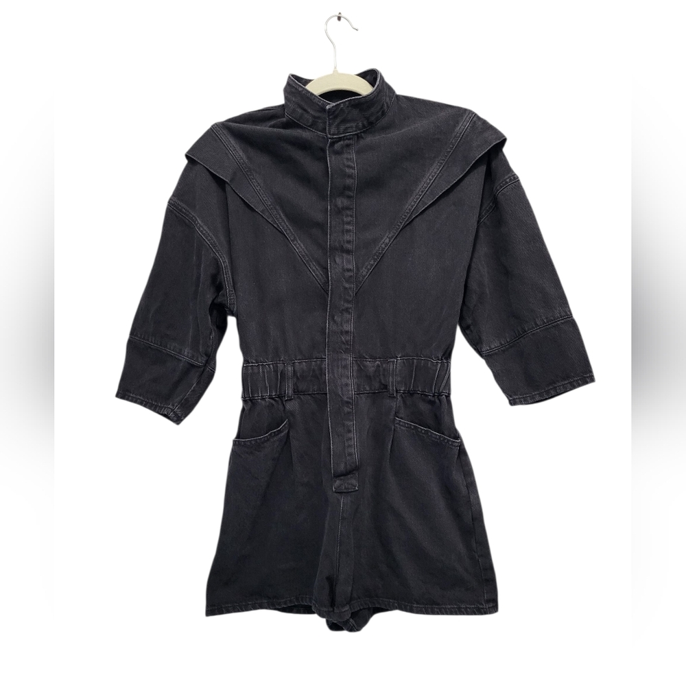 Zara Black Jean Denim Romper Snap Front‎ Size XS Shorts Jumpsuit